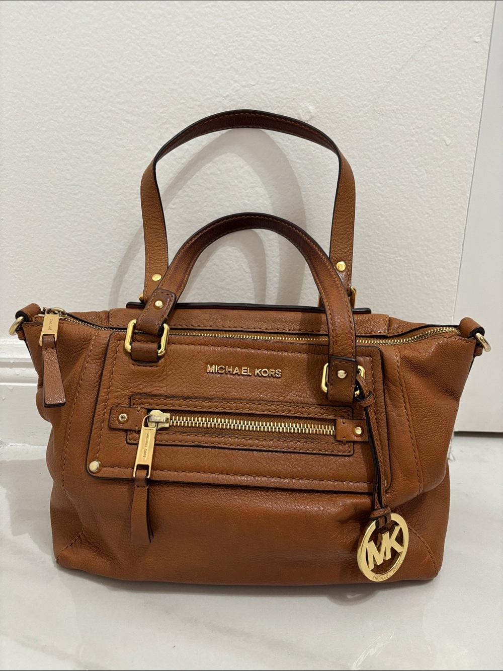 MICHAEL KORS Chestnut Brown Pebbled Leather Satchel with Gold Hardware